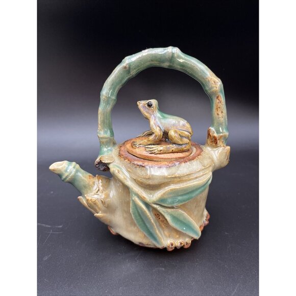 Vintage Signed Majolica Pottery Frog Bamboo Decorative Teapot